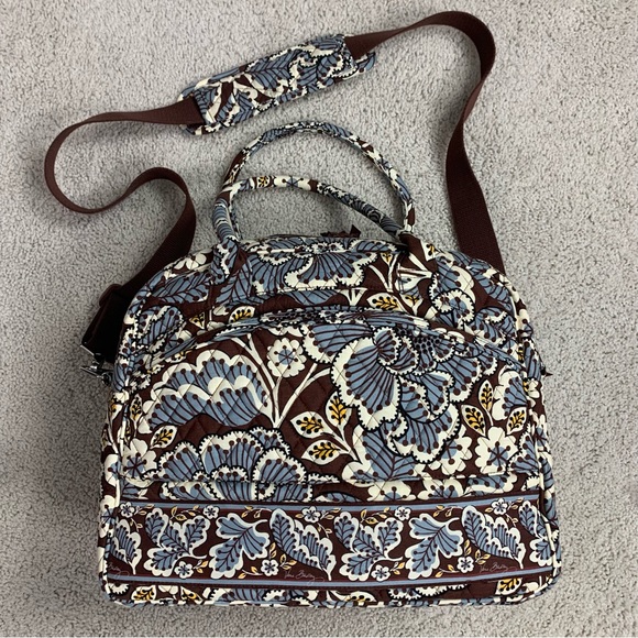 Vera Bradley Handbags - VERA BRADLEY Quilted SLATE BLOOMS Brown Blue LAPTOP Carry On TRAVEL Satchel BAG